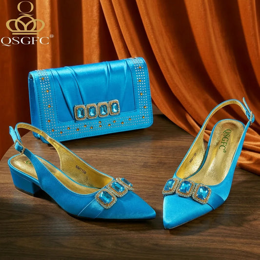 Summer New Design Specials Italian Women Shoes and Bag Set Sky Blue Color Comfortable Low Heels With Rhinestone