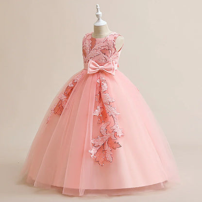Elegant Party Bridesmaids Girls Dresses Summer Bow Flower Wedding Princess Prom Dress for Girl Tulle Evening Christmas Costumes