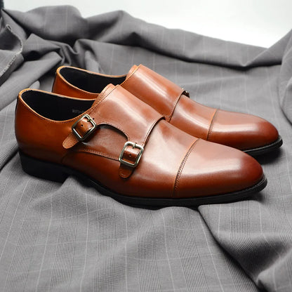 Luxury Men's Wedding Formal Shoes Genuine Leather Pure Brown Black Double Buckle Monk Strap Cap Toe Business Office Dress Shoes