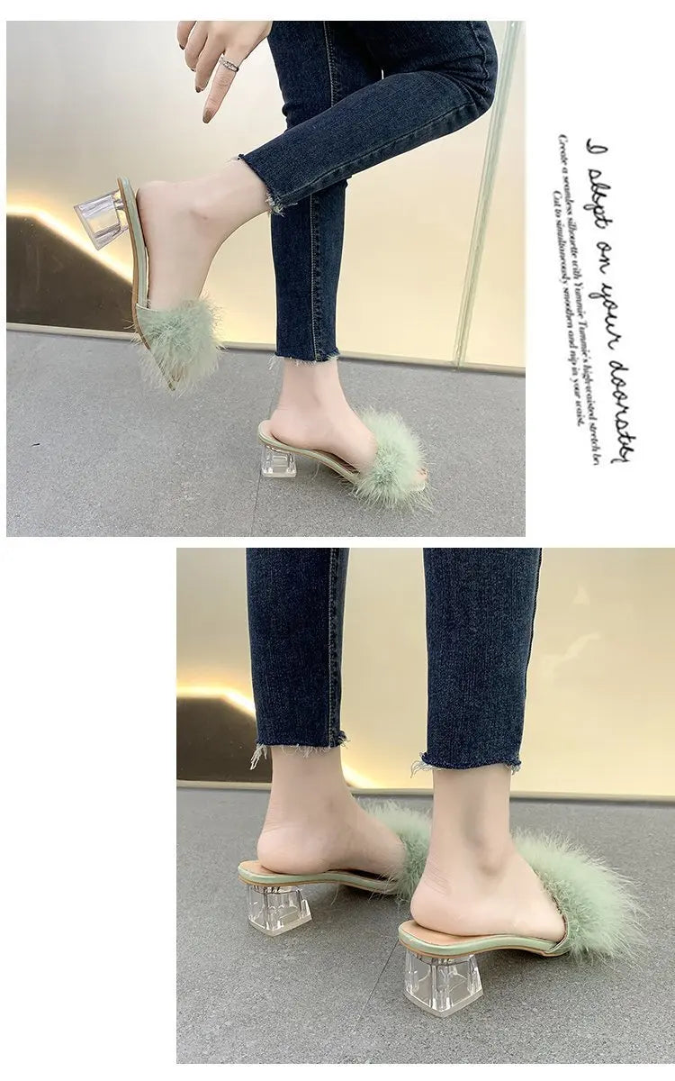 2023 Fluffy Peep Toe Sexy High Heels Women Shoes Fur Feather Lady Fashion Wedding Slip-On Pink Square Toe Women Sandals