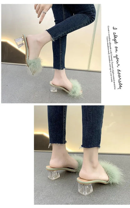 2023 Fluffy Peep Toe Sexy High Heels Women Shoes Fur Feather Lady Fashion Wedding Slip-On Pink Square Toe Women Sandals