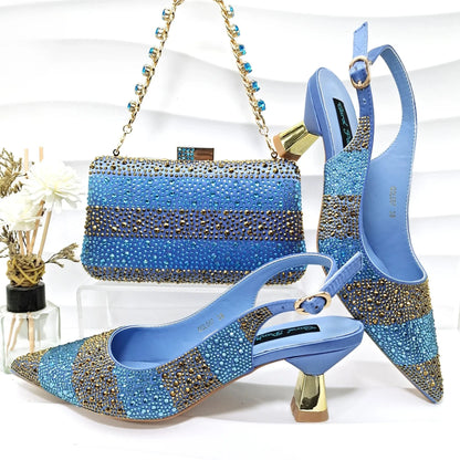 Fashion Nigerian Women Heel Party Ladies Italian Design Green Shoes And Bag Set Decorated with Rhinestone Handbag Wedding Party