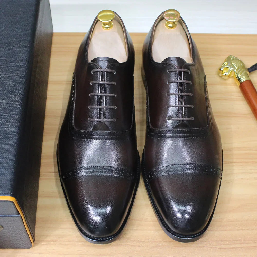 Men's Genuine Leather Oxfords Handmade Cap Toe Dress Shoes Lace-Up Formal Wedding Shoes Business Office Male Footwear