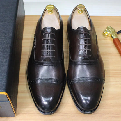 Men's Genuine Leather Oxfords Handmade Cap Toe Dress Shoes Lace-Up Formal Wedding Shoes Business Office Male Footwear