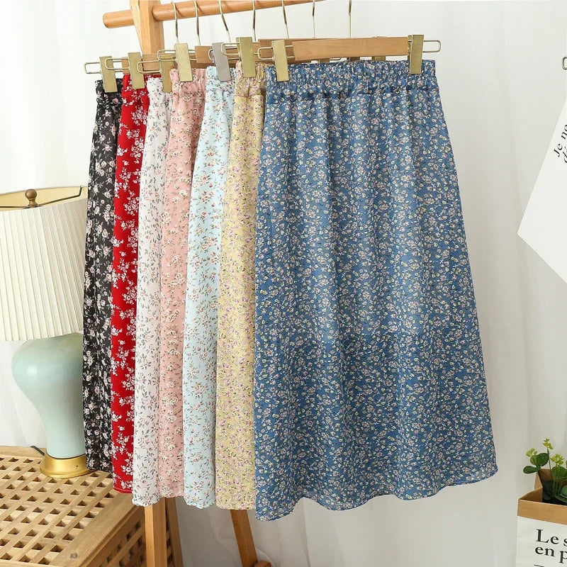 Women's Summer Skirts Vintage Floral Printed Chiffon Skirts High-waisted Elastic Waist Relaxed Mid-length Skirts Beach Skirts