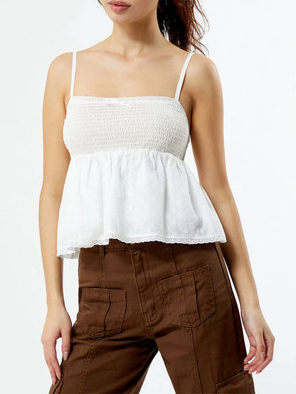 Women Eyelet Lace Trim Smocked Ruffle Cami Sleeveless Tank Top 2024 Summer Square Neck Spaghetti Strap Pleated Peplum Shirt y2k