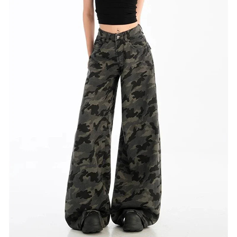 Girls High Waist Vintage Camouflage Jeans Pants