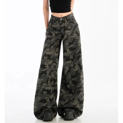 Girls High Waist Vintage Camouflage Jeans Pants