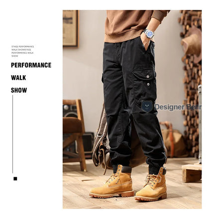 Brand Clothing 2026 Spring Summer Men's Baggy Cargo Pants Multi-Pocket Work Joggers Casual Cotton Tapered Trousers Long Pants