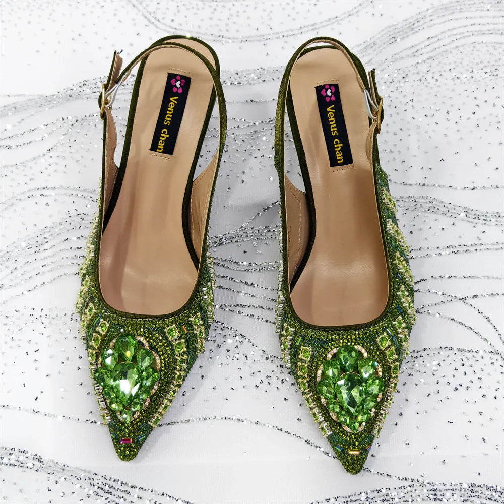 Elegant Fruit Green Women's Green Heels and Rhinestone Handbag Set - Italian Design for Weddings and Parties