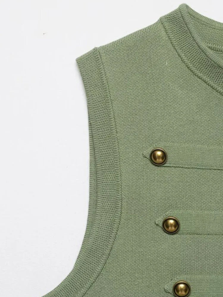 Women Knitting Tank Tops Camis 2026 Summer O-Neck Buttons Solid Sleeveless Female Elegant Street Top Clothing