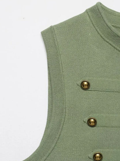 Women Knitting Tank Tops Camis 2026 Summer O-Neck Buttons Solid Sleeveless Female Elegant Street Top Clothing