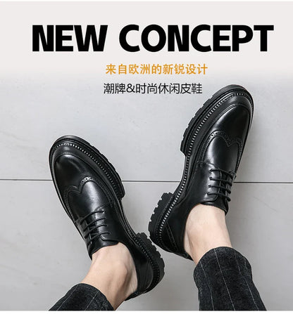 New Brock engraved casual leather shoes for men genuine leather business formal wear British thick-soled height-increasing style