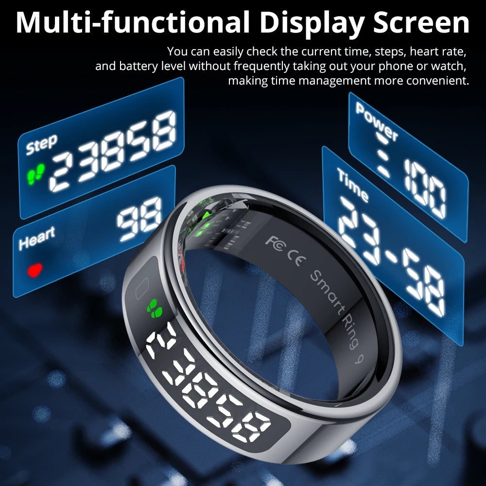 Smart Ring with Display Screen and Touch, Wireless Charging, Health Manager