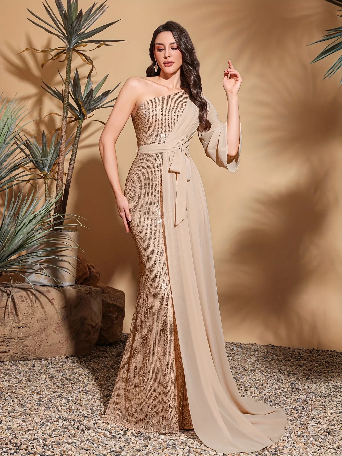 Sequined one-shoulder chiffon patchwork belt-decorated hip dress