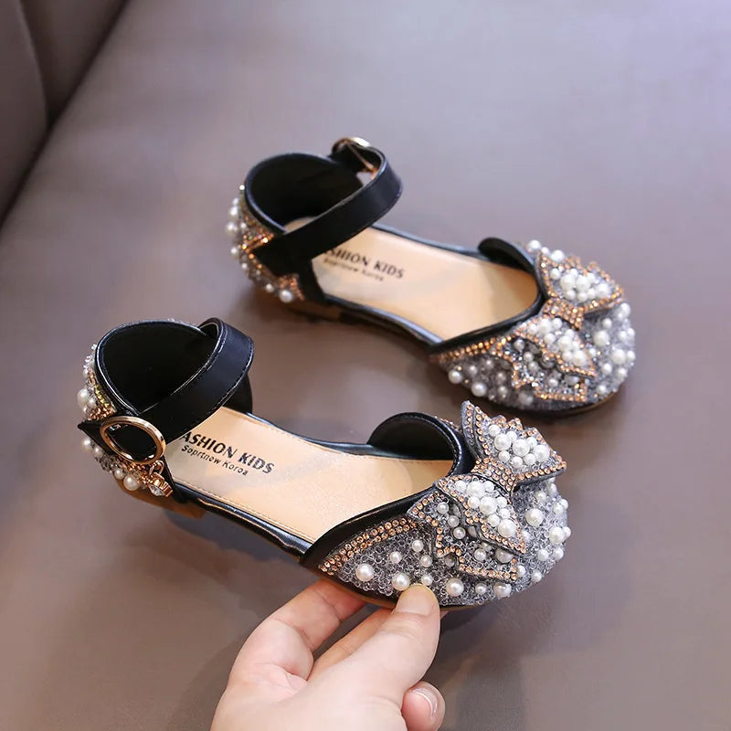 2025 New Summer Style Fashionable Comfortable Casual and Elegant Flat Bow Toe-toe Beaded Wear-resistant Girls' Leather Shoes