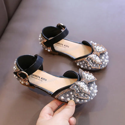 2025 New Summer Style Fashionable Comfortable Casual and Elegant Flat Bow Toe-toe Beaded Wear-resistant Girls' Leather Shoes
