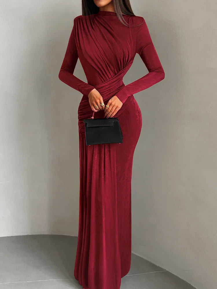 Maxi Dress Women o-Neck Full Sleeve Solid Banquet Elegant Vacation Fashion Autumn Skinny Casual Simple Vestido