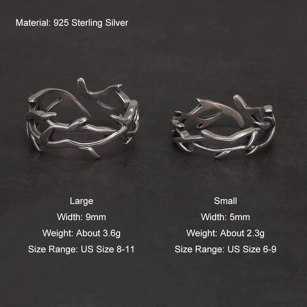 925 Sterling Silver Gothic Thorn Couple Rings for Women Men Punk Retro Cool Spiky Finger Ring Adjustable Hip-hop Y2k Jewelry