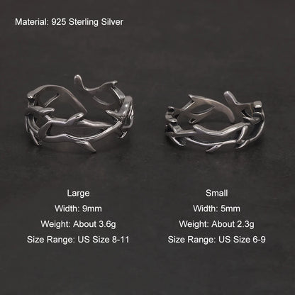 925 Sterling Silver Gothic Thorn Couple Rings for Women Men Punk Retro Cool Spiky Finger Ring Adjustable Hip-hop Y2k Jewelry