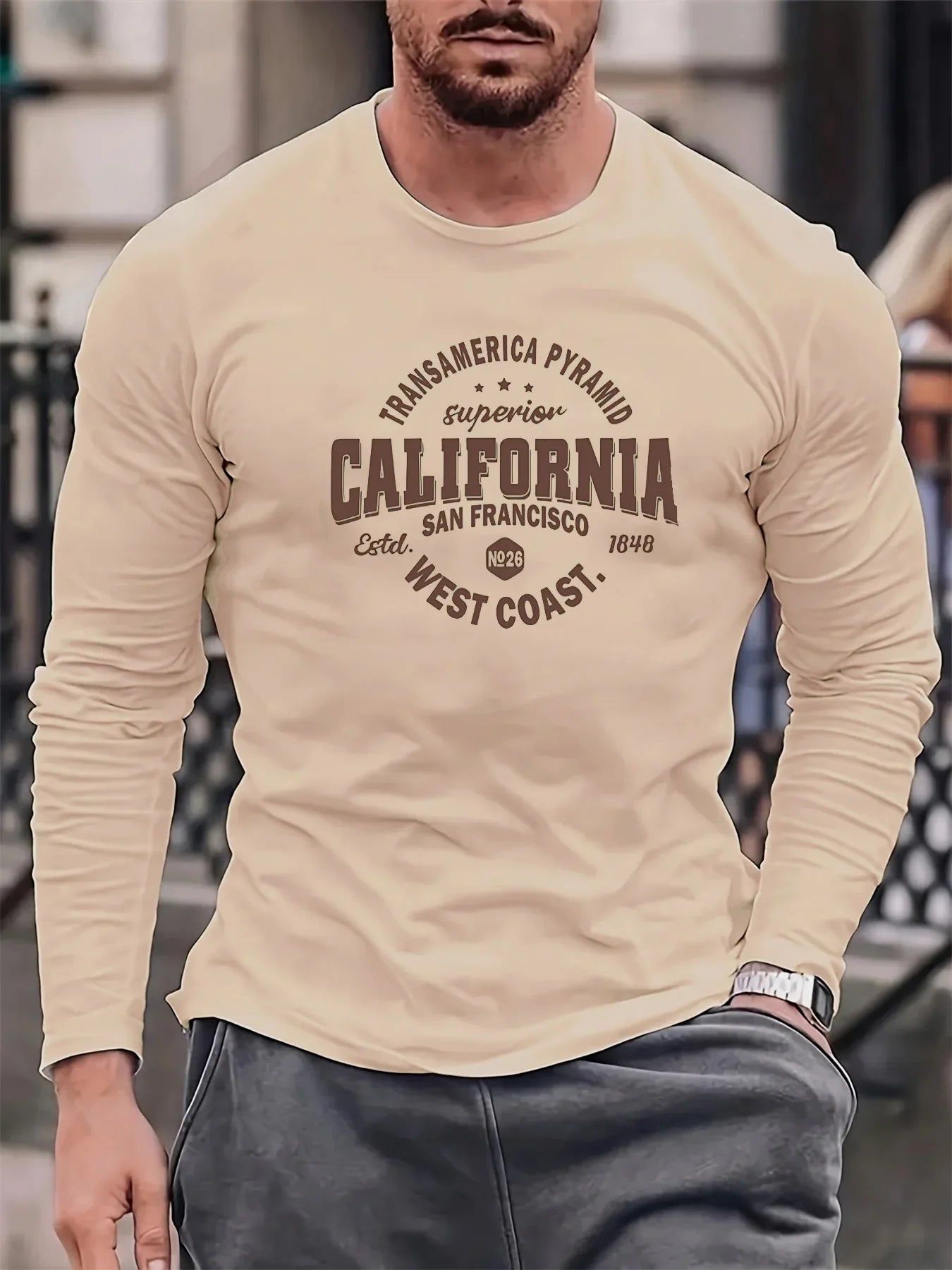 Men's 100% pure cotton loose and comfortable sports and leisure California letter printed round neck long sleeved T-shirt top