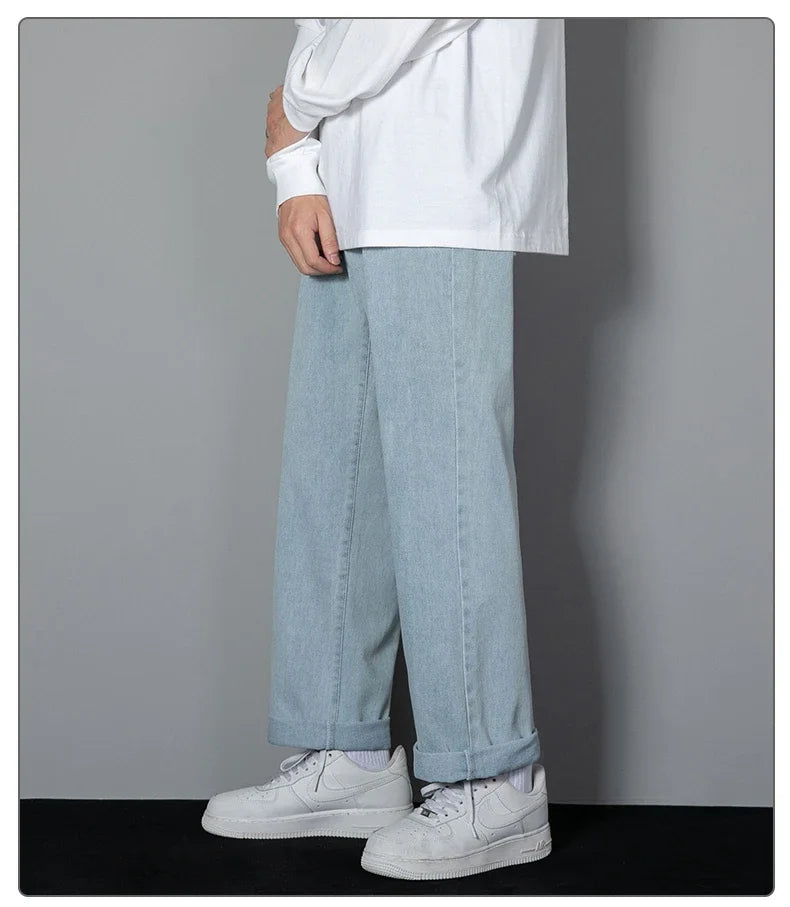 2026 New Korean Men's Casual Long Jeans Classic Man Straight Denim Wide-leg Pants Solid Color Light Blue Black 3XL Cargo Jean