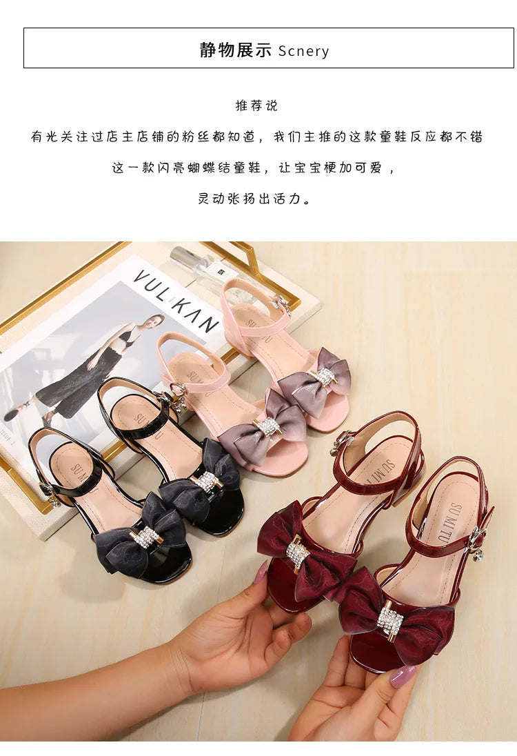 Girls Princess Sandals Summer Kids Low Heels Fashion Party Dress Beach Shoes Outdoor Causal Sandals Children Soft Sole with Bow