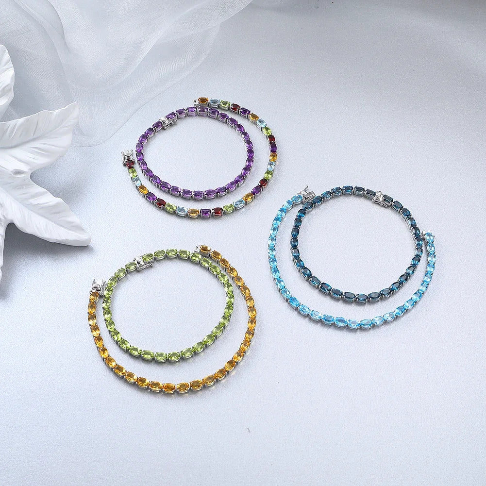 Pure 925 Sterling Silver Women's Hand Bracelets 100% Real Gemstone Natural Topaz Peridot Amethyst Gem Fine Jewelry