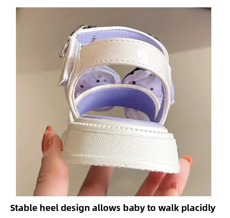 Kids'Sandals Kuromi PU Leather Bow Flat Spring Shoes For Girls Anti-slip Soft Thick Bottom White Black Shoes Size 25-36