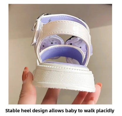 Kids'Sandals Kuromi PU Leather Bow Flat Spring Shoes For Girls Anti-slip Soft Thick Bottom White Black Shoes Size 25-36