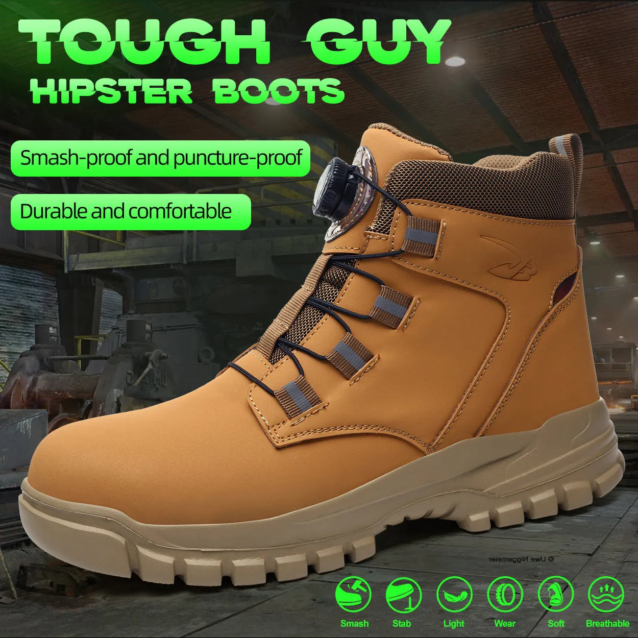 Leather Non Slip Work Boots for Men Rotating Button Safety Shoes Steel Toe Sneaker Male Puncture Proof Protective Boots