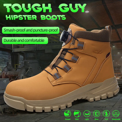 Leather Non Slip Work Boots for Men Rotating Button Safety Shoes Steel Toe Sneaker Male Puncture Proof Protective Boots