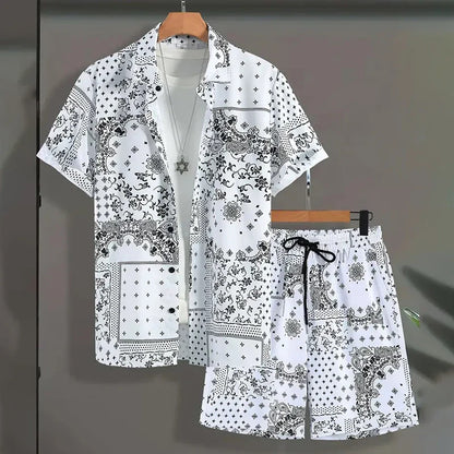 2024 New Men's Summer Holiday Suit Retro Textured Printed Border Shirt Short Sleeve Shorts Two Piece Men's Breathable Pool Suit