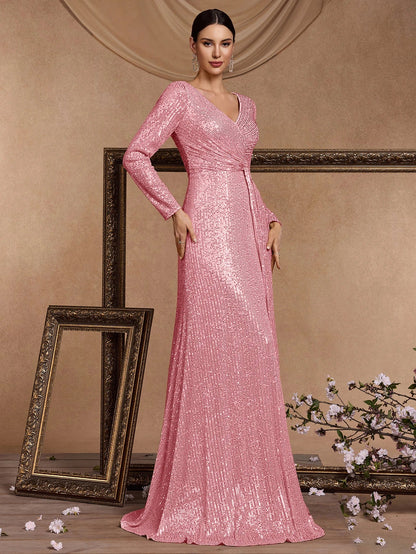 Vestidos de Festa Longos Rosas de Luxo com Decote em V para Mulheres Elegantes, Maxi Vestido de Festa com Lantejoulas e Mangas Longas, Vestidos de Baile e Coquetel
