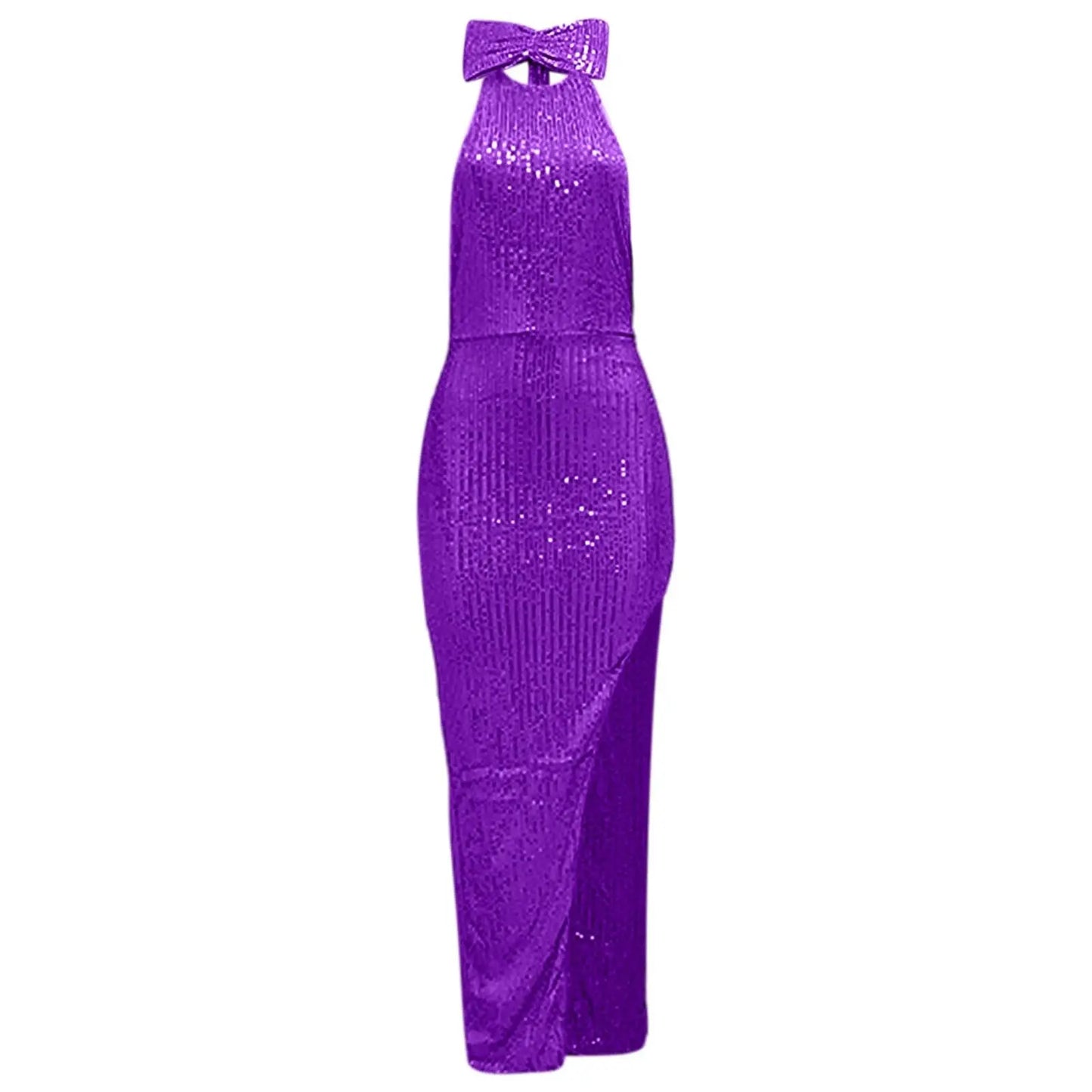 Women's Sequined Long Party Dresses Fashion Solid Color Hanging Neck Round Neck Bow Sleeveless Slit Long Dress Evening Dresses