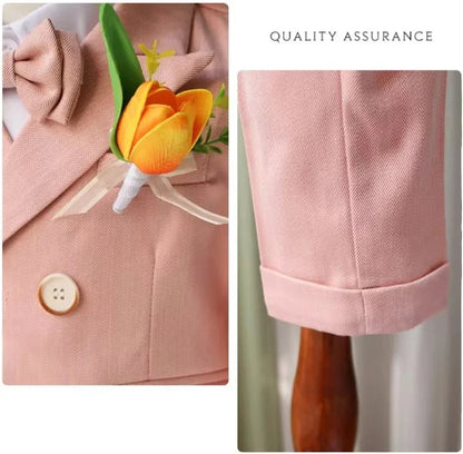 Macaroon Colorful Toddler Suit Set Double Breasted Kids Suits Blazer Pants Bow-tie Brooch Boy's Formal Tuxedo Dresswear