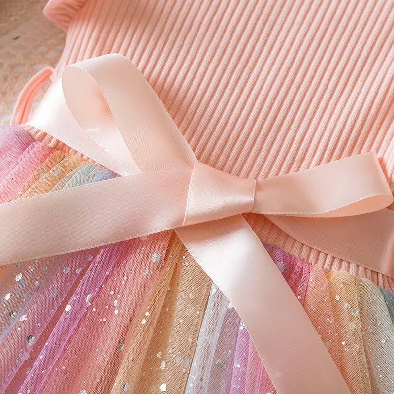 Sweet Girls Flying Sleeves Bow Sequin Dress Kids Baby Girl Birthday Party Fluffy Tutu Princess Dress 1-5Y