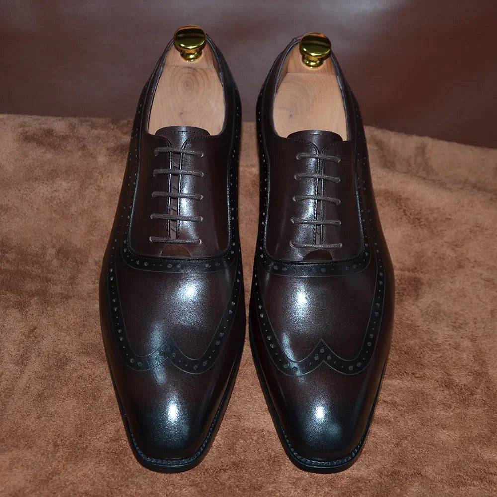 Luxury Mens Wingtip Oxford Dress Shoes Genuine Leather Brogue Dark Brown Lace-up Pointy Toe Business Office Wedding Formal Shoes