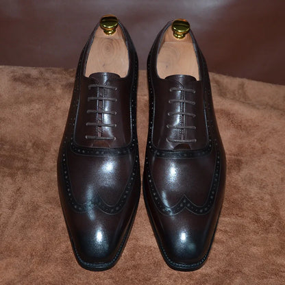 Luxury Mens Wingtip Oxford Dress Shoes Genuine Leather Brogue Dark Brown Lace-up Pointy Toe Business Office Wedding Formal Shoes
