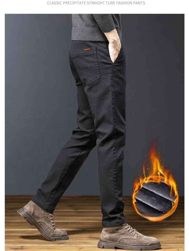 Classic Men's Fleece Slim Pants Winter Casual Velvet Business Straight Solid Thick Plush Trousers Brand Clothing Man Pants