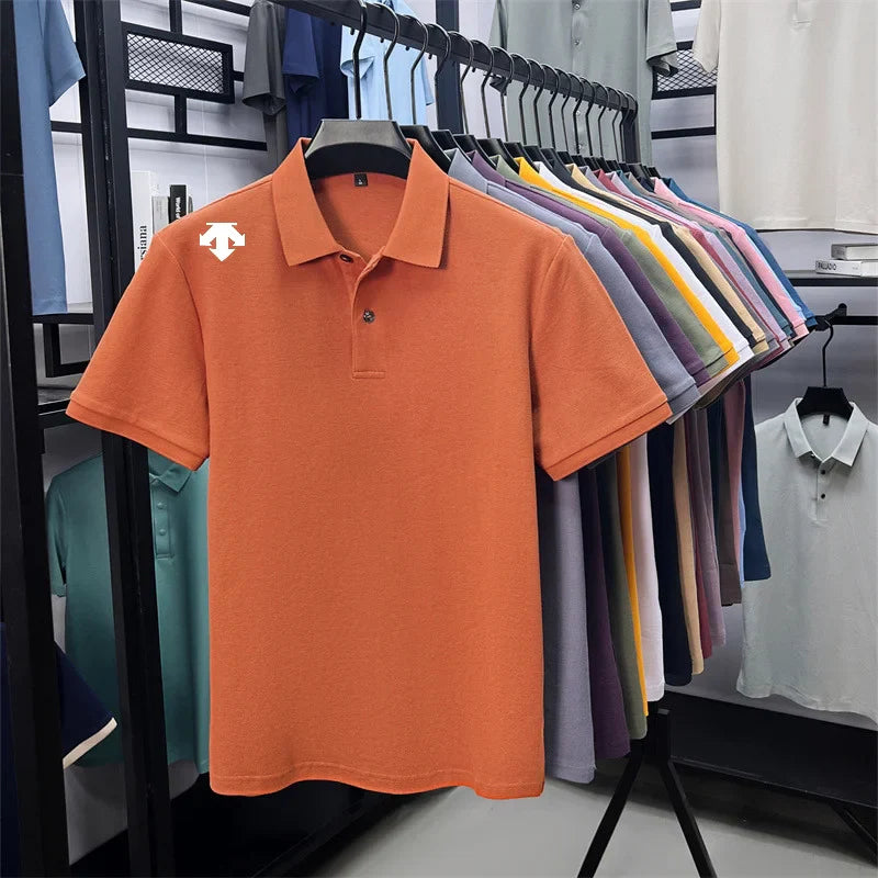 100% men's summer luxury brand polo shirt lapel geometric printing short sleeves t-shirt outdoor leisure men clothing tops