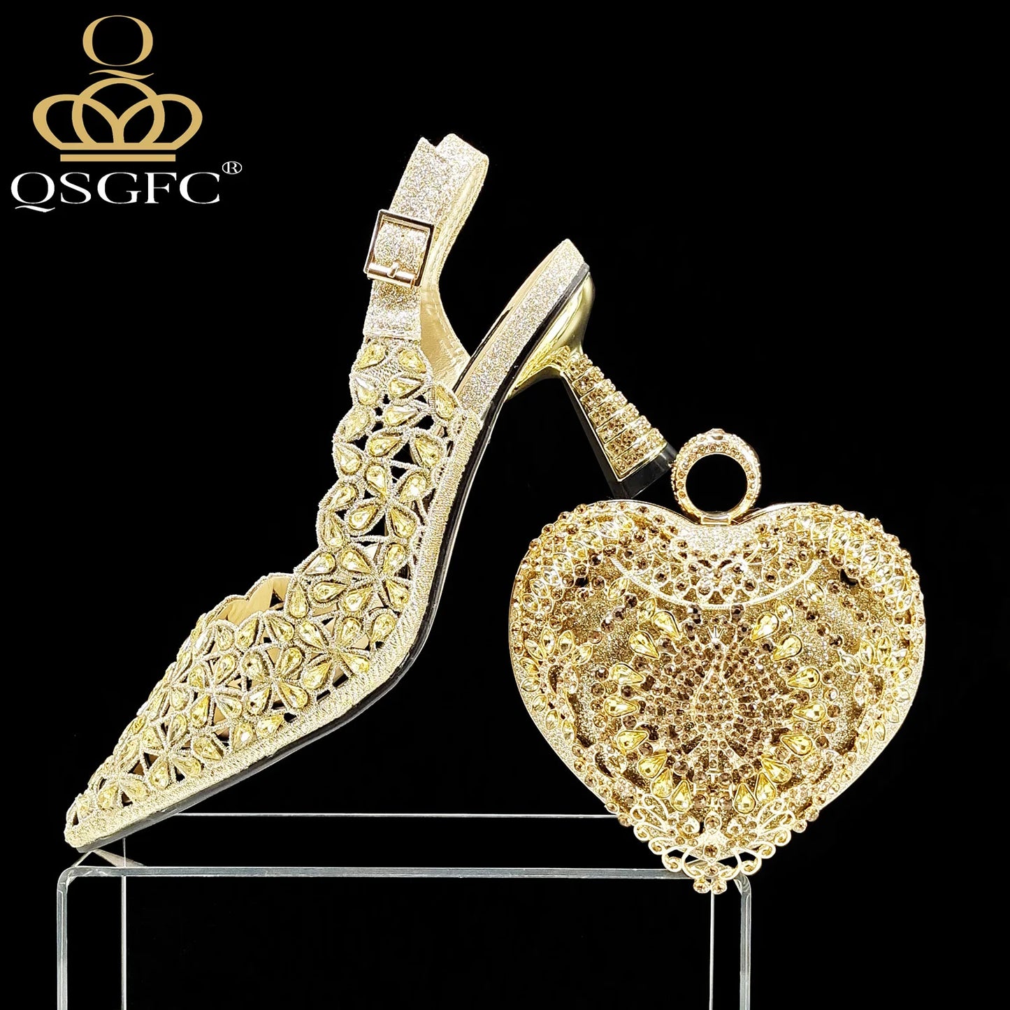 Italian Design Rhinestone-encrusted Sex Ladies Shoes And Special Bag High Heels And Heart Shape Gold Mini Bag