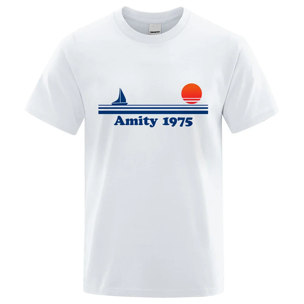 Amity 1975 - Jaws Retro Print Tshirt Men Creativity Sweat Clothing Fashion Tee Clothes T Shirts Breathable Cotton T-Shirts Man