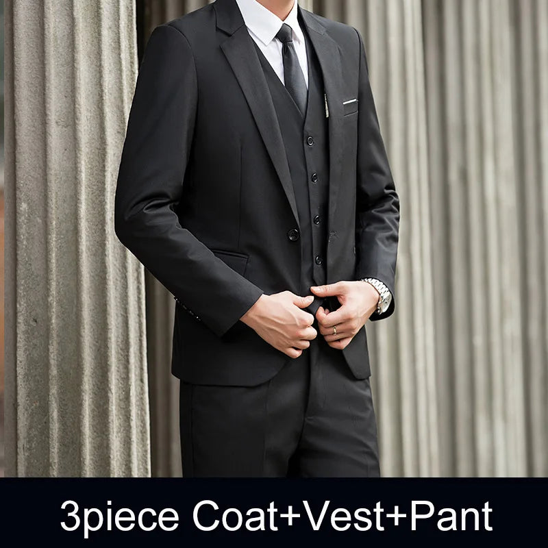 Man Three-piece Sets Fashion Turn Down Collar Coat+Single-breasted Vest+Pant Male Outfit Solid Color Business Wedding Men Suit