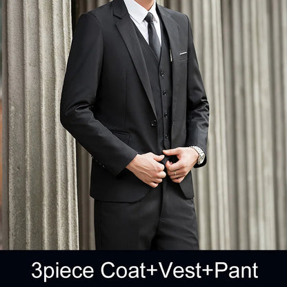 Man Three-piece Sets Fashion Turn Down Collar Coat+Single-breasted Vest+Pant Male Outfit Solid Color Business Wedding Men Suit