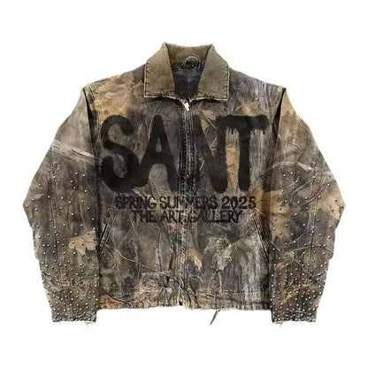 Retro Camouflage Leaf Jacket Y2K Coats Mens Womens Harajuku Hip Hop Letter Embroidery Patchwork Oversized Jacket Casual Clothes