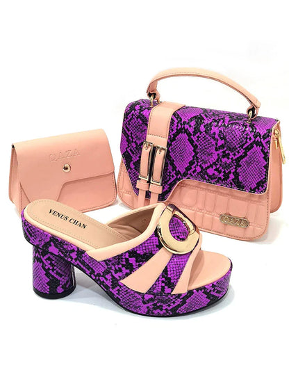 Retro Design!Three-Piece Set Peach Color Patent Leather Bag With Ribbon For Women, Classic High-Heeled Shoes