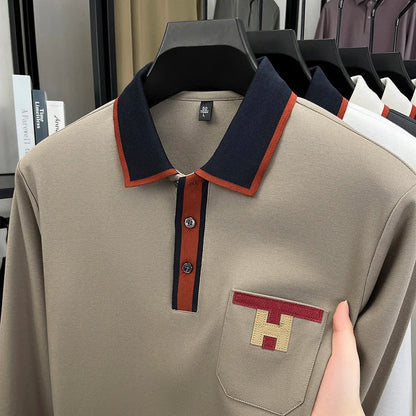 Light Luxury Fashion 100% Pure Cotton Polo Shirt Men's Long Sleeved Autumn New Item Middle-aged Dad Collar Base T-shirt