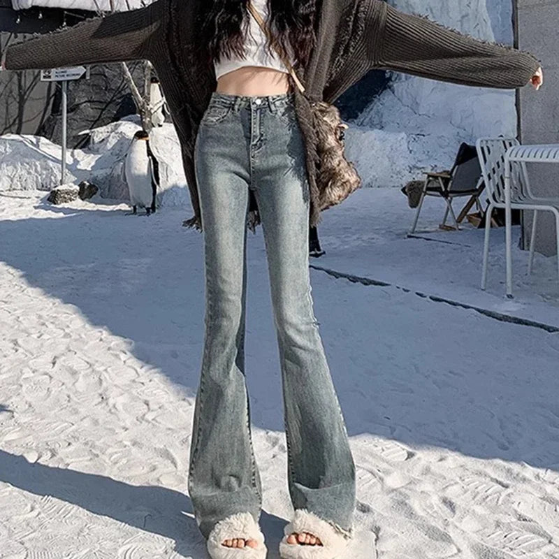 2024 Woman High Waist Vintage Flare Jeans Female Gothic Elastic Bell Bottom Pants Lady Streetwear Blue Black Grey Denim Trousers
