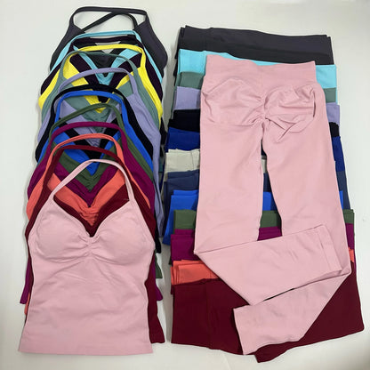2 Pieces Set Yoga Leggings Set Women Backless Tank Tops High Waist Scrunch Gym Suit Fitness Clothes Outfit Yoga Set